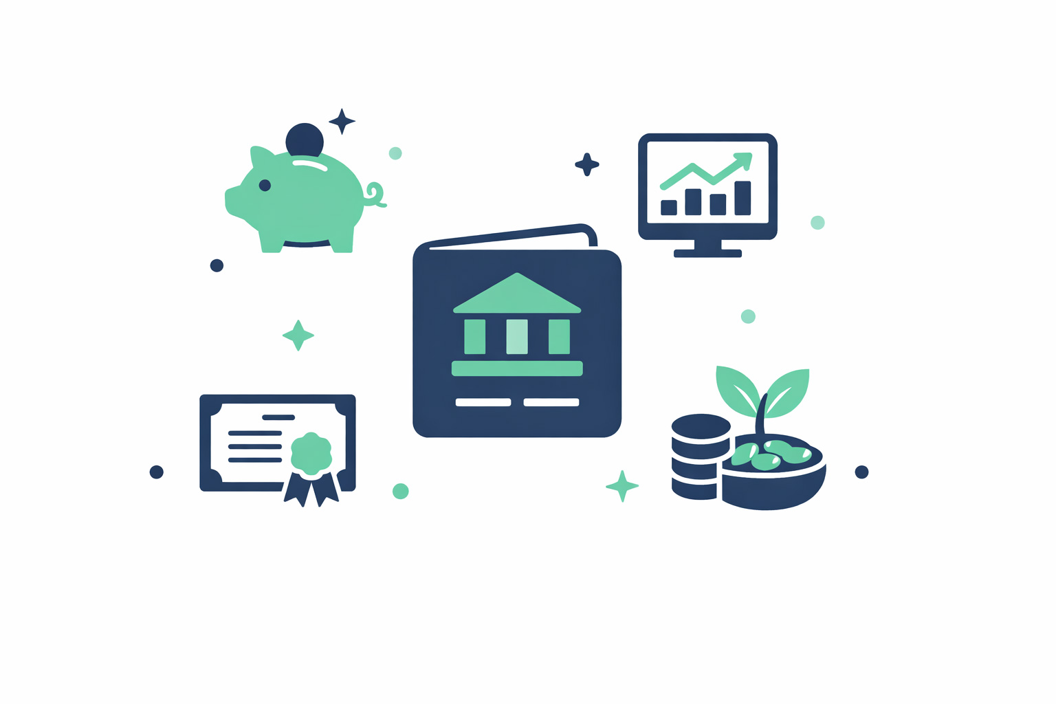 하나의 계좌 안에 예금·펀드·ETF·채권 등 다양한 금융상품이 담긴 구조를 표현한 플랫 일러스트