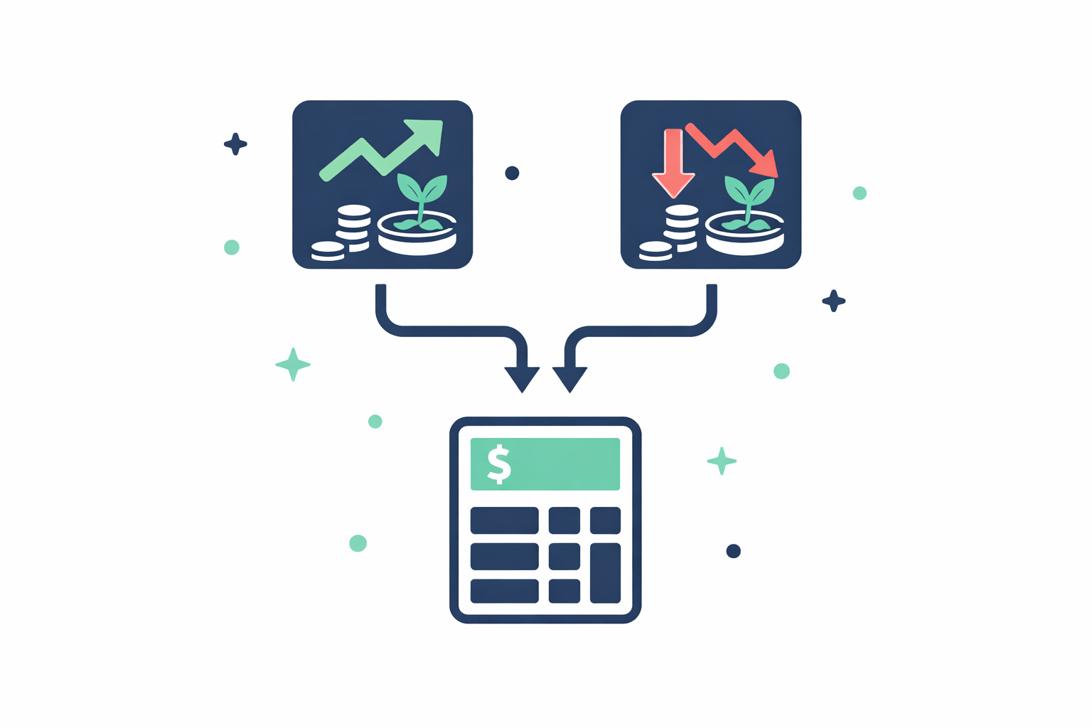 ISA 계좌 안에서 A 펀드 이익과 B 펀드 손실이 합산되어 순이익만 과세되는 손익통산 구조를 표현한 플랫 일러스트