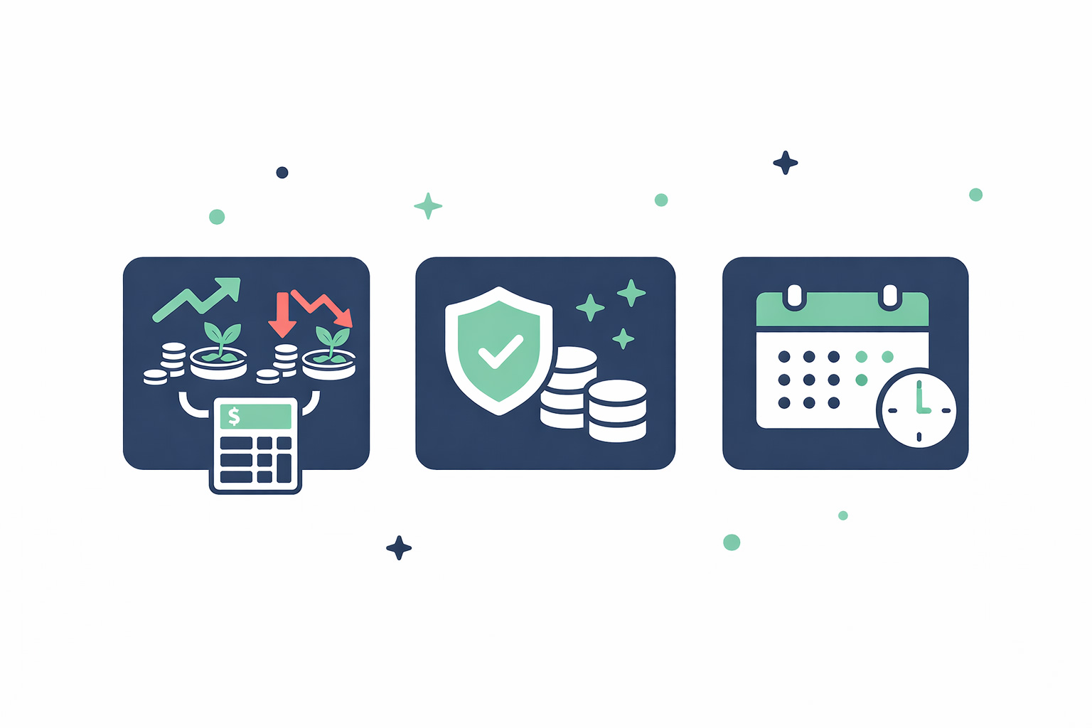 ISA의 핵심 특징인 손익통산, 비과세 한도, 의무보유 3년을 카드 형태로 정리한 플랫 일러스트
