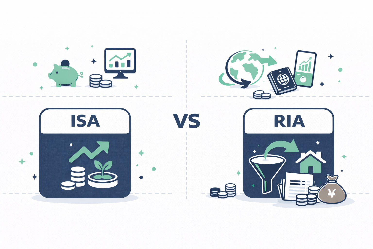 흰 배경의 ISA와 RIA 비교 금융 아이콘 일러스트