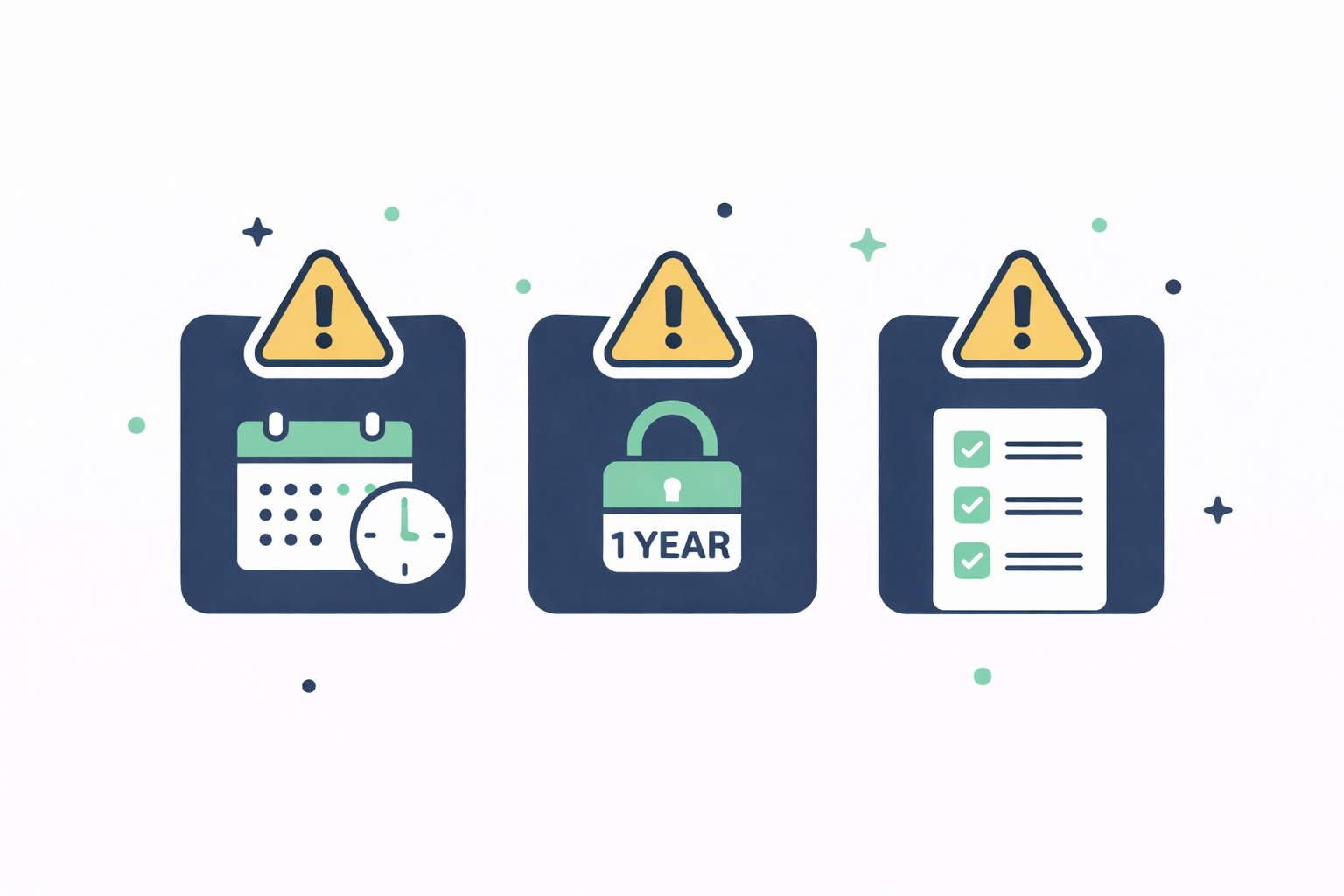 RIA 계좌의 핵심 주의사항인 한시 운영, 1년 보유 조건, 절차 준수를 카드 형태로 정리한 플랫 일러스트