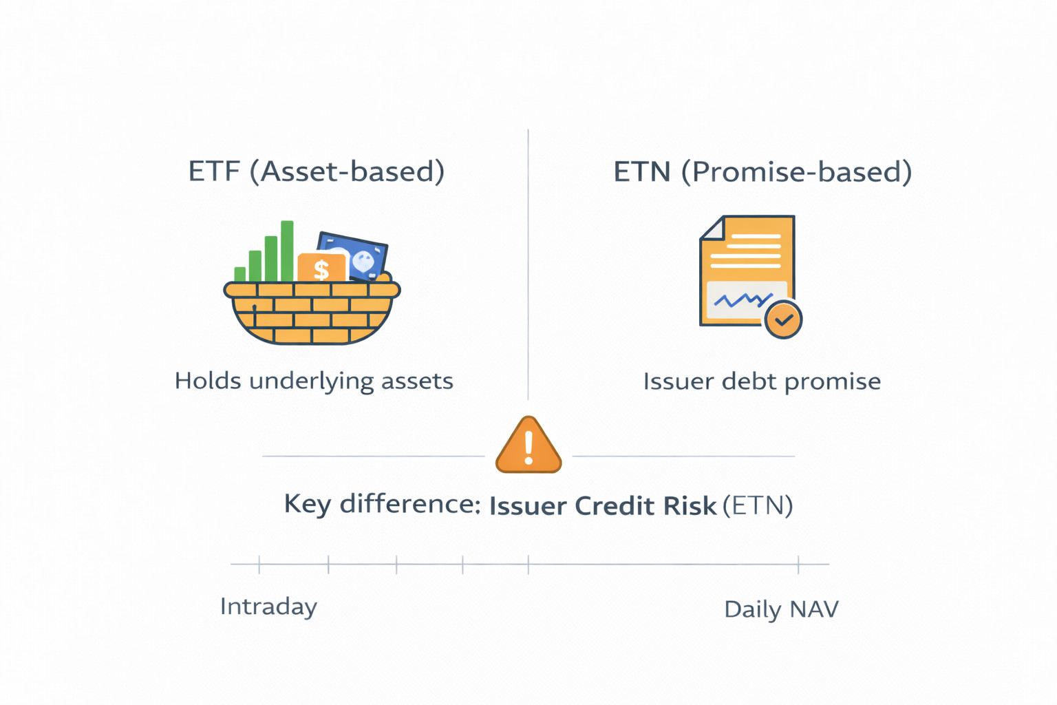 ETF는 자산 기반, ETN은 발행사 약속(채무) 기반이라는 차이를 대비한 도식