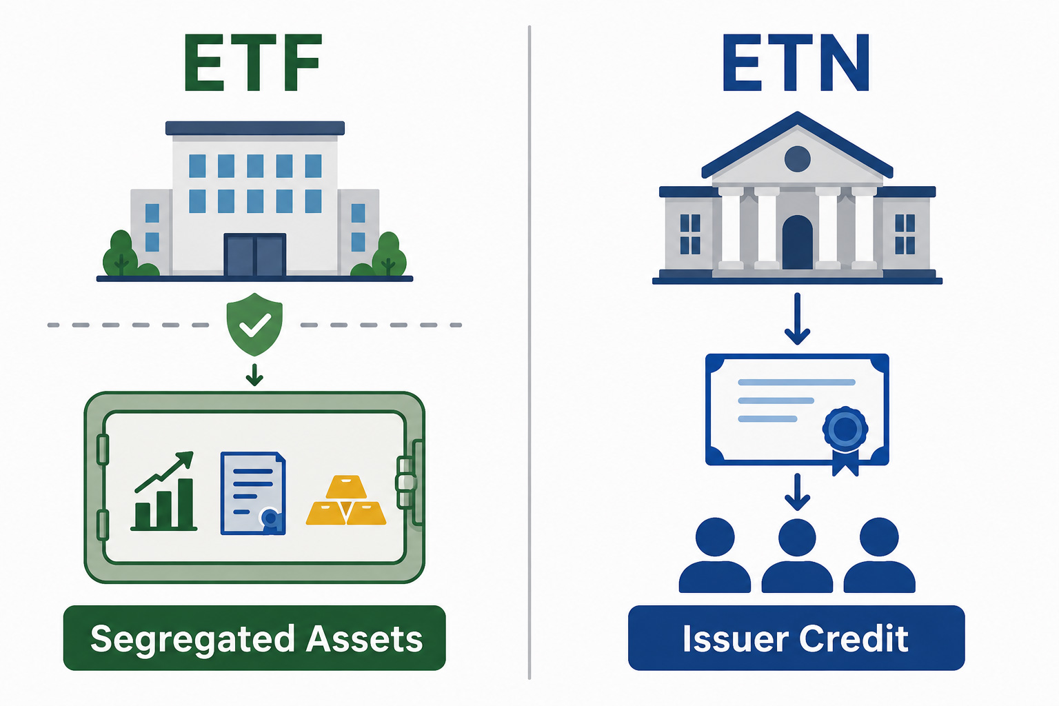 ETF의 신탁재산이 운용사의 고유재산과 분리되고 ETN은 증권사가 자기 신용으로 발행하는 구조 차이를 보여주는 개념도