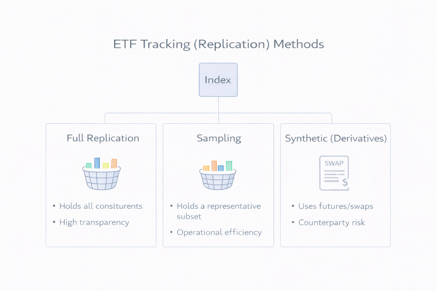 ETF가 지수를 따라가는 대표 추적 방식(완전 복제·부분 복제·파생상품 활용)을 한눈에 정리한 개요 이미지