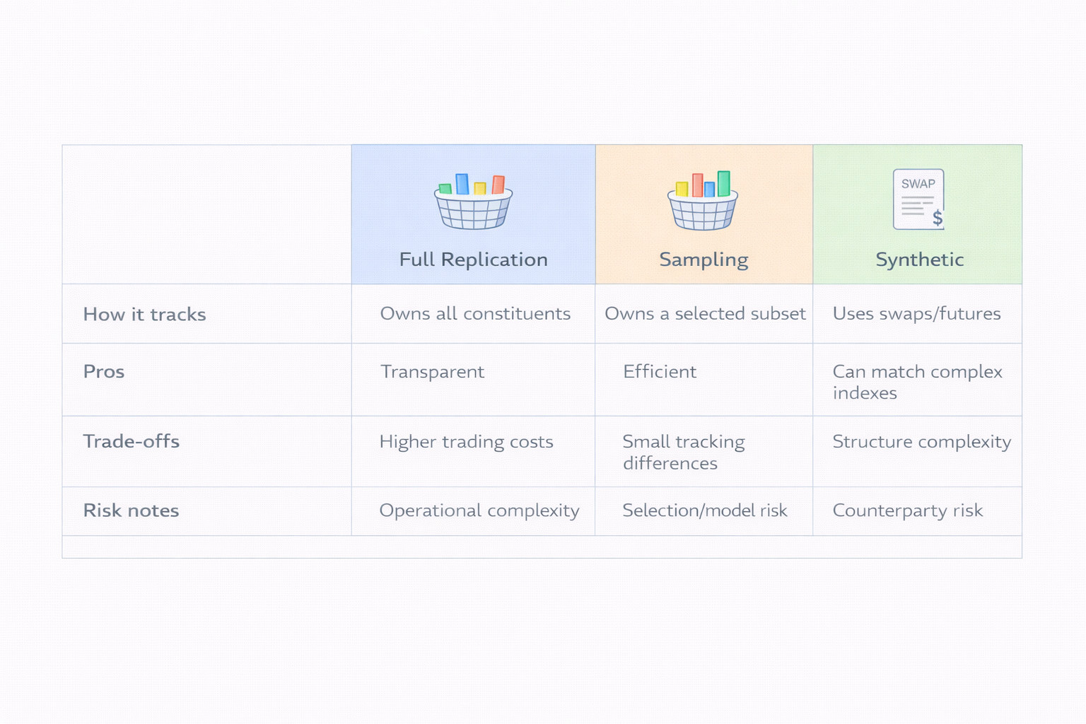 완전 복제·부분 복제·파생상품 활용 방식의 특징과 한계를 비교한 표 형태 이미지