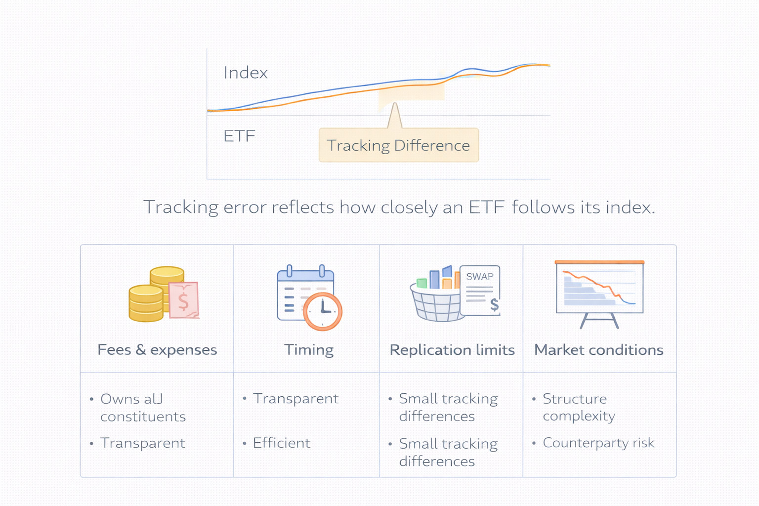 추적 오차의 의미와 발생 요인(보수·거래 시점·복제 방식·시장 상황)을 정리한 도식 이미지