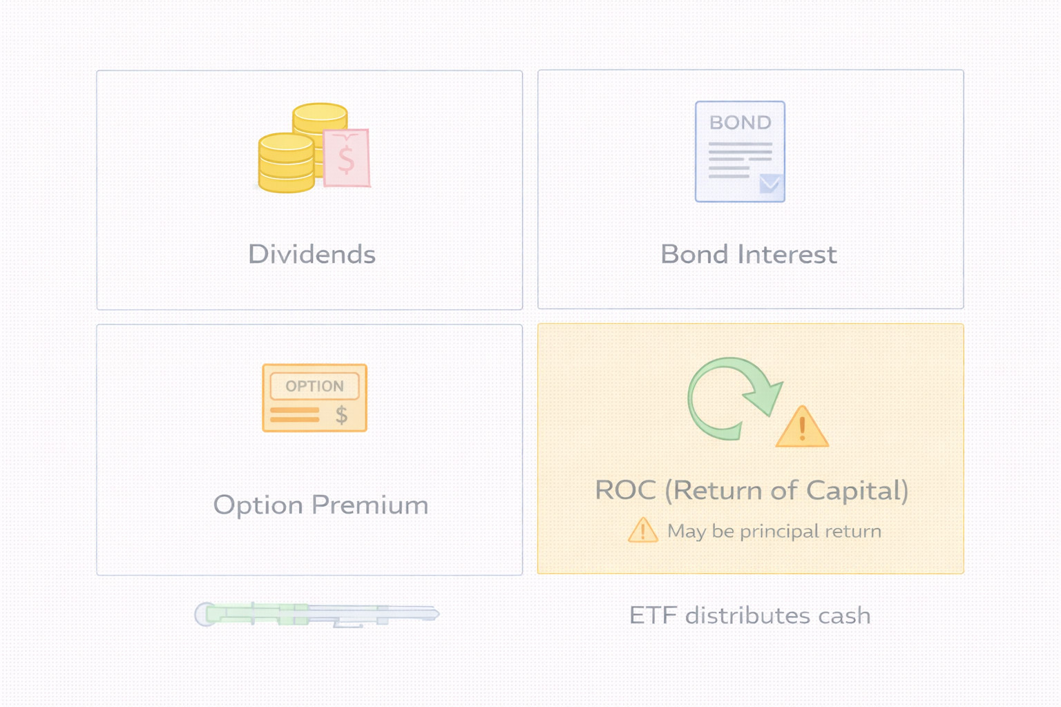 ETF 분배금 재원을 배당·이자·운용수익·ROC로 정리한 인포그래픽