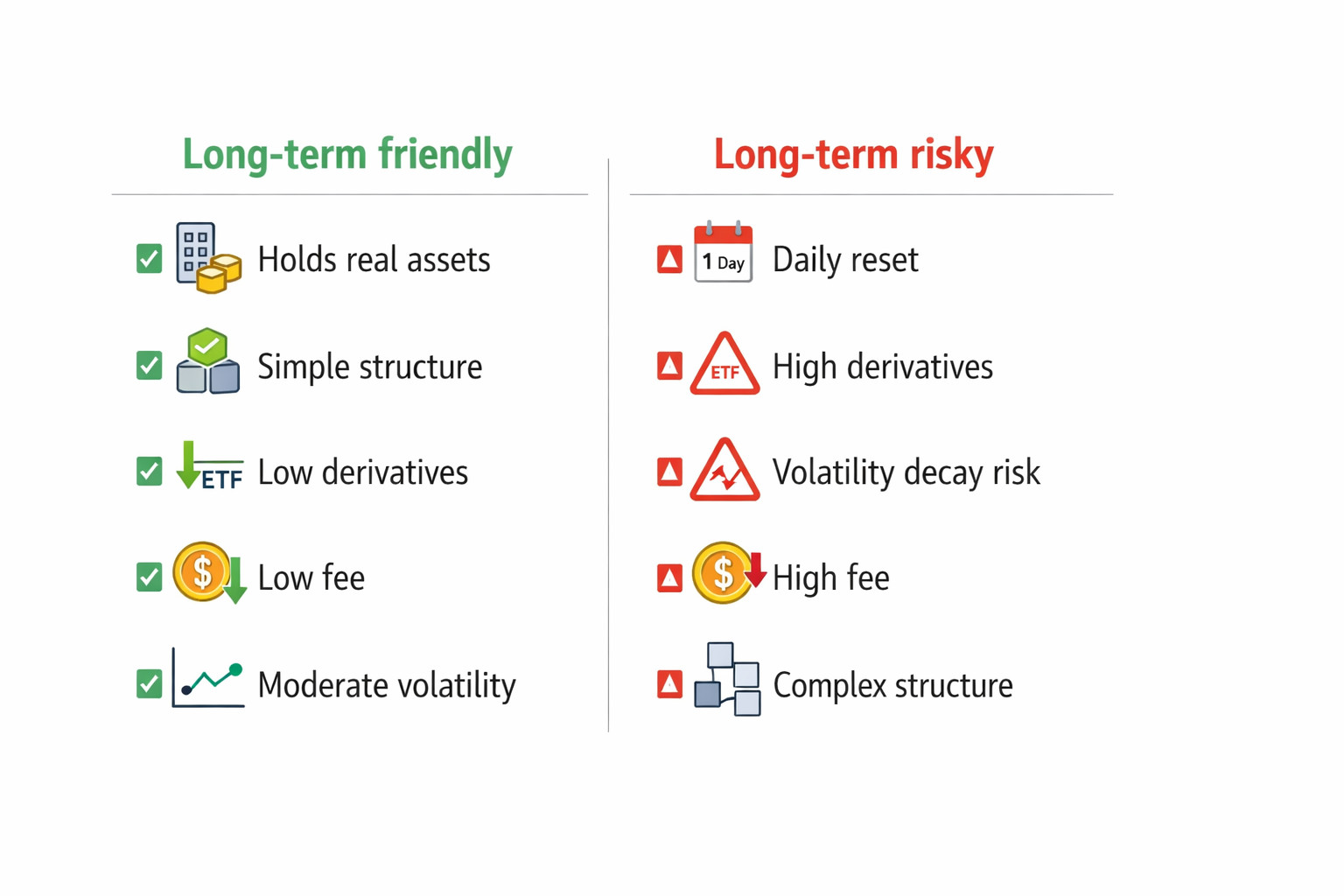 장기 투자에 적합한 ETF와 부적합한 ETF를 구조 기준으로 구분해 보여주는 체크리스트 인포그래픽