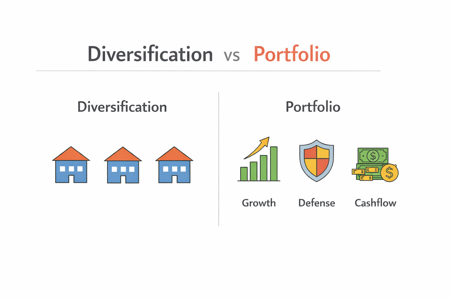 단순 분산과 포트폴리오의 차이를 비슷한 것 여러 개와 역할이 다른 조합으로 비교한 그림