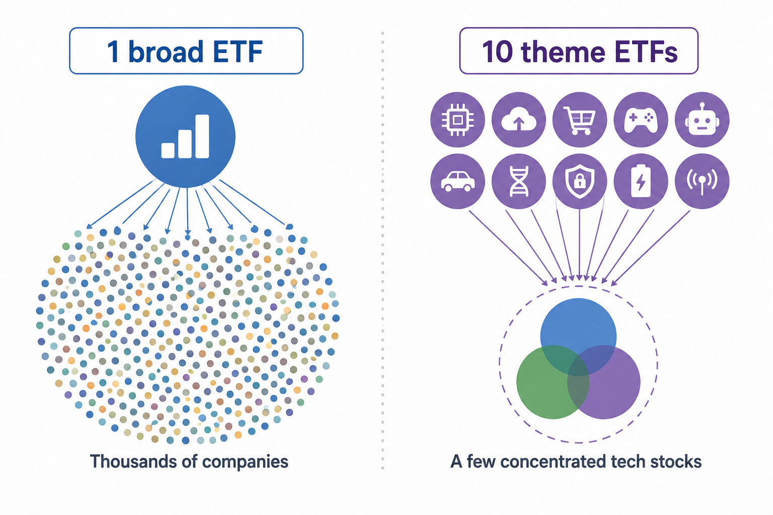 전 세계 주식 ETF 1개와 테마 ETF 10개의 실제 분산 수준을 비교하는 인포그래픽