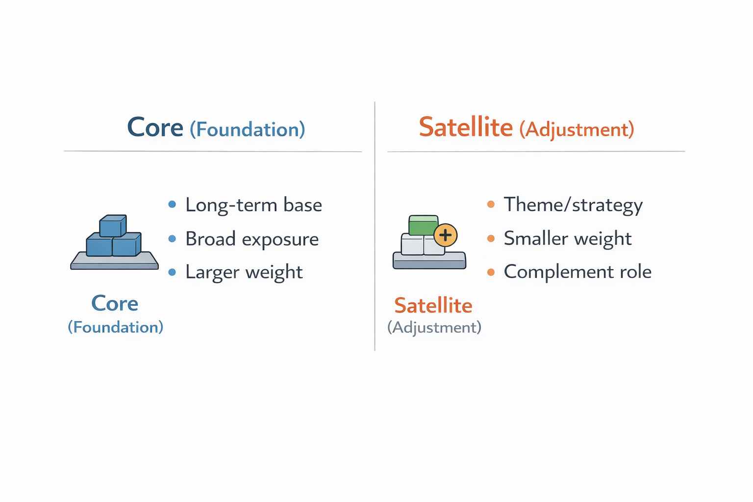코어(Core)와 위성(Satellite) 자산의 역할 차이를 비교한 도식