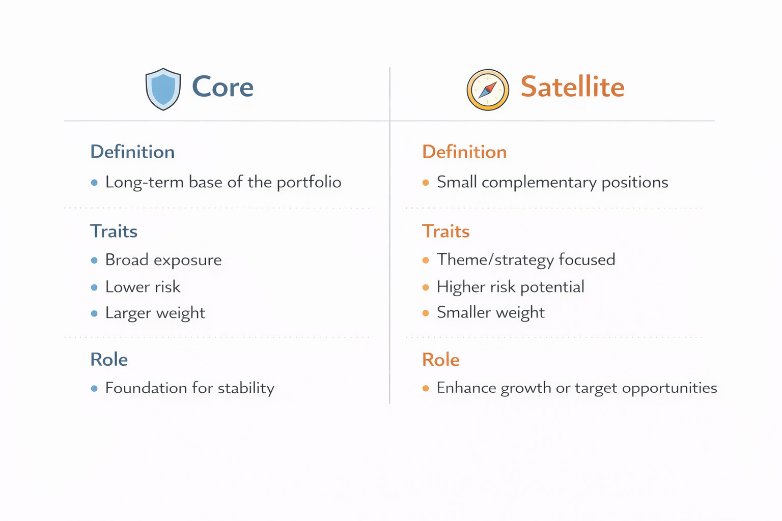 코어–위성 전략의 흔한 실수 3가지와 반드시 기억할 문장을 함께 정리한 요약 이미지