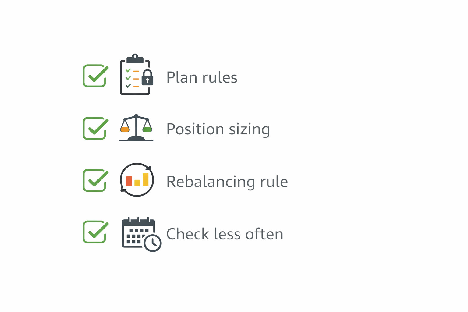 감정 개입을 줄이기 위한 기준·비중·리밸런싱·확인 빈도 규칙을 정리한 체크리스트